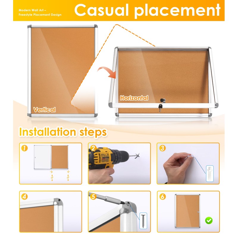 SWANCROWN Enclosed Bulletin Board,Lockable Cork Noticeboard for School Office,Wall Display