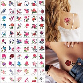 Casciybo 66Sheets Flower Temporary Tattoos for Women Girls, Fake Butterfly Colorful RoseTattoo Stickers Waterproof for Body Arm Birthday Party Favors Supplies Gifts
