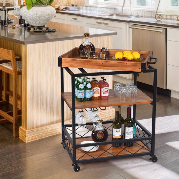 Bar Cart for Home Wine Cart on Wheels with Metal