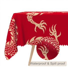 TTQYFNM 60x102inches Dragon Rectangle Tablecloth Traditional Flying Mascot Animal Chinese Dragons Red Gold Table Cloth Waterproof Table Cover for Dining Home Kitchen Restaurant Buffet New Year Party