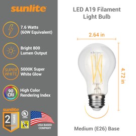 Sunlite A19 LED Bulb 60w LED Light Bulbs - 12 Pack LED Light Bulb - Dimmable LED Light Bulbs 60 Watt Equivalent - Energy Efficient 7.6W - Dimmable Light Bulbs 60 Watt Daylight 800 Lumens 5000k