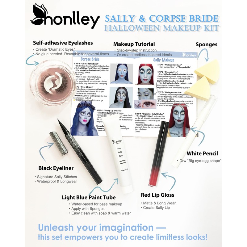 Honlley Halloween Sally & Corpse Bride Makeup Kit Costume Women