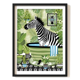 Parmaro Zebra in Bathroom Print, Zebra in Bath Print, A4 UNFRAMED Print, Animal in Bathroom Print, Green Botanical Print, Print Tropical Bathroom Decor