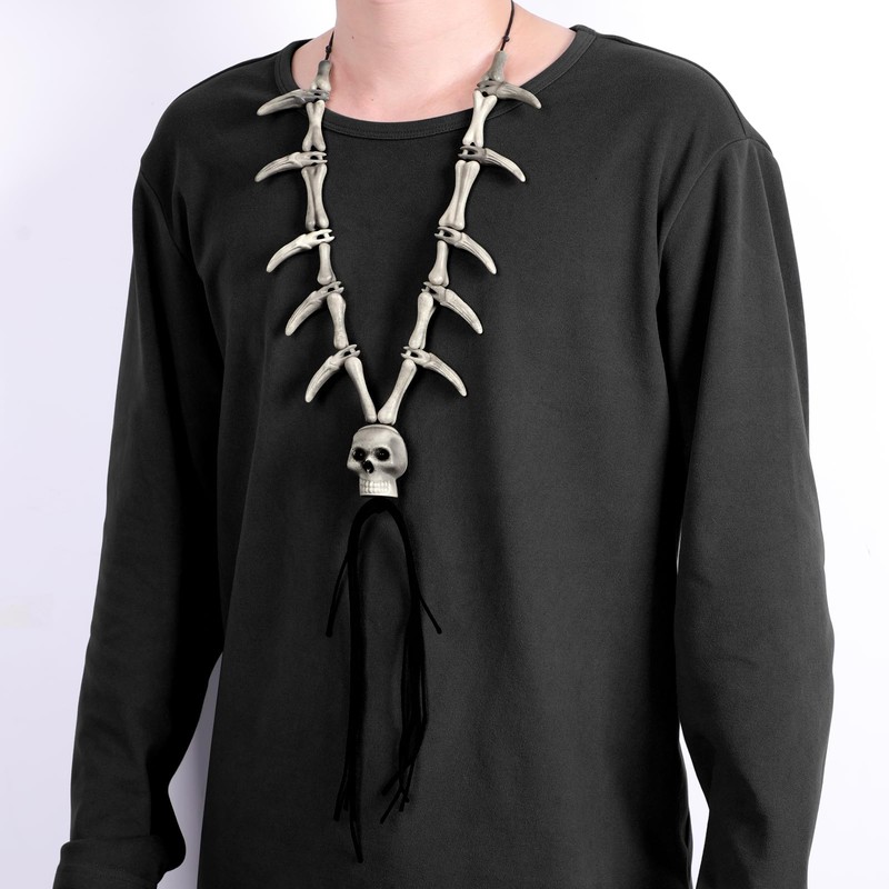 POTOTA Bone Skull Necklace Pendant, Plastic Faux Ivory Skeleton Necklace