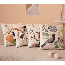 Guhoo Spring Summer Bird Throw Pillow Cover 16x16 Inch Set of 4, Linen Decorative Pillow Cases with Bird Print Outdoor Zipper Pillowcase Cushion Covers for Living Room Couch Sofa Bed Decor