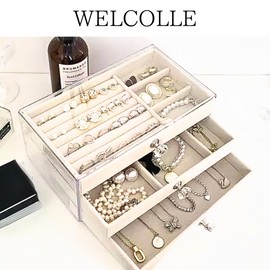 WELCOLLE Jewelry Box, Accessories, Storage, Accessory Case, Small Items, Jewelry Box, 3 Drawers, Transparent, Clear, Ring, Necklace, Piercing, Earrings, Bracelet, Watches, Girls (White Beige)
