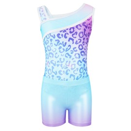 Gogokids Girls Three Piece Gymnastics Set, Y Neck Sleeveless Leotard with Shorts and Headband, Ballet Dancing Leotard Gymnastics Outfit with Blue & Purple Colour Block Design, 3-12 Years, sky blue