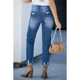 Sidefeel Women's Jeans Straight Leg High Waisted Ripped Ankle Denim Pants Sky Blue Size 14