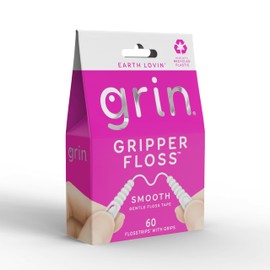 GRIN Gripper Floss, Individually Wrapped Smooth Dental Floss, 60 Count, Minty Flavor, Recyclable Packaging, Gentle Floss Tape, Finger Grips with Safe Fold Back Pick, No Shredding or Breaking