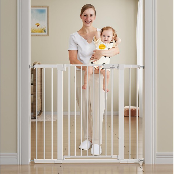 BabyBond 36" Extra Tall Premium Dog Gate for Doorway and Stairs, Easy Step Baby Gate, Auto Close Safety Child/Pet Gates, with Extenders and Hardware/Pressure mounting Kit, White