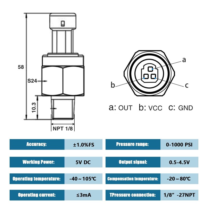 FUSCH 1000 PSI Pressure Transducer Sensor with Connector Harness, 1/8"NPT