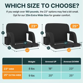 HOPERAN 25" Stadium Seats for Bleachers with Back Support 2 Pack, Half-fold Portable Bleacher Chairs with Back and Cushion, 600D Waterproof Reclining Extra Wide Bleacher Seat for Outdoor Sports