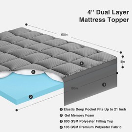 OLANLY Queen Memory Foam Mattress Topper, Dual Layer 4 Inch Mattress Topper with 8-21 Inch Deep Pocket, 2 Inch Gel Memory Foam and 2 Inch Extra Thick Breathable Pillow Top Mattress Pad Cover, Grey