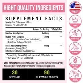 Creatine for Women, with Hydrolyzed Collagen, BCAA(2:1:1) & Panax Notoginseng Extract, Creatine Chews for Women Booty Gain, Lean Muscles, Recovery & Energy, Vegan, Sugar Free Creatine, 30 Servings