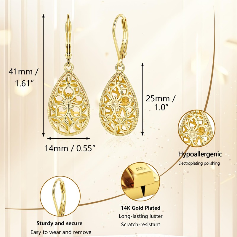 Teardrop Gold Filigree Leverback Dangle Earrings for Women Trendy Gifts