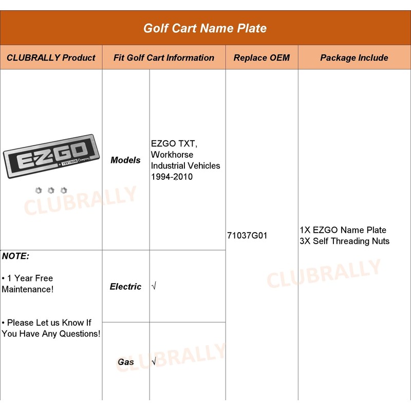 CLUBRALLY EZGO Name Plate, EZGO TXT Front Emblem for 1994-2010