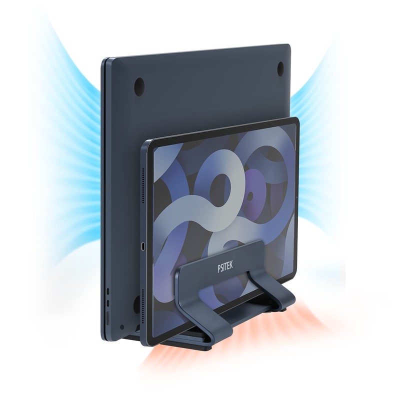 Psitek アルミニウム縦型ノートパソコンスタンドホルダー 2 スロット、省スペース垂直ストレージ すべてのMacBookとノートパソコン用、調整可能なスロット幅 (10-32mm) バージョン 2023