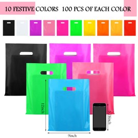 Kosiz 1000 Pcs Multicolor Goodie Bags Bulk 9 x 12 in Merchandise Bags 10 Color Plastic Party Favor Bags Small Gift Bags with Handle for Small Business, Birthday, Christmas, Wedding Party Supplies