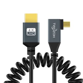 Twozoh Left Angled Coiled Micro HDMI to HDMI Cable, Micro HDMI to HDMI Coiled Cable 90°Degree Stretched Length 30cm to 150cm - Supports 3D/4K 1080p(5FT)