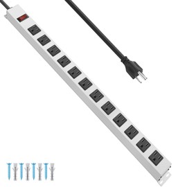 JUNNUJ Metal 12 Outlet Power Strip, Mountable Heavy Duty Power Strip, 1200J Surge Protector Wall Mount Screws Outlet with Switch, Gaming Desk Strips Wide Spaced 15A 125V 1875W, 6 FT 14AWG Power Cord