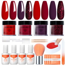 Modelones Dip Powder Nail Kit, Red Purple 4 Colors Nail Dip Glitter Powder Kit Starter Set for Beginners with Dipping Powder Liquid Set
