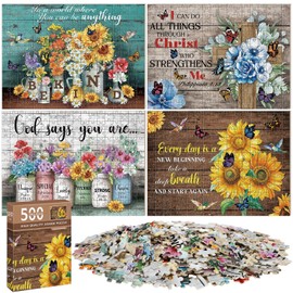 Halloscume 4 Pack 500 Pieces Christian Puzzles for Adults Bible Sunflower Religious Wooden Jigsaw Puzzles for Adults Elderly Seniors Inspirational Gift for Family Church Activities Games
