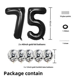 Black 75 Foil Balloons 40" Jumbo Foil Balloons Confetti Balloons for 75th Birthday Wedding Anniversary Party Decorations