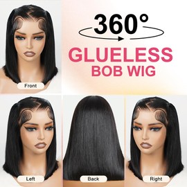 EAGERA Wear and Go Glueless Wigs Human Hair Pre Plucked Pre Cut 12 Inch 9x6 Glueless Bob HD Lace Closure Wig Bleached Knots Short Black Straight 180% Density for Women