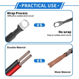 VekAuto 1 Pc Battery Inverter Cable 2 AWG Gauge 5FT 3/8" Lug 5/16" Lug Battery Cable Universal for Car Vehicle Boat RV Solar Tinned Copper Black