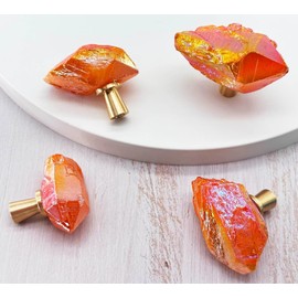 FZBHRO Natural Crystal Stone Cabinet Knobs Decorative Drawer Knobs Handles Gemstone Cupboard Pulls for Home Office Decor Coated Orange 4 Pack