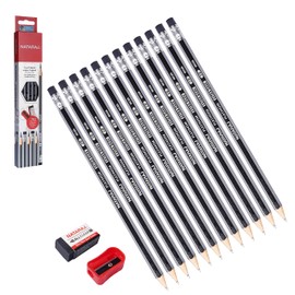 Nataraj Writing Pencils, Platinum, BLACK Bonded Lead, Pack of 12, 2B Wood Rubber Eraser Tip Dark Pencils, Sharpener, School Home Children Kids