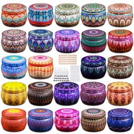 Domivirgo Candle Tins with Lid, 4.5oz 24 Designs Tinplate Cans with Wicks, Wick Holders, Wick Stickers for Candle Making, DIY Arts and Crafts, Small Item Storage (4.5, Ounces)