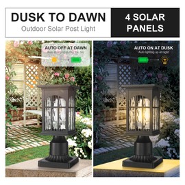 Starcurin Solar Lamp Post Lights Outdoor Waterproof, Dusk to Dawn Outside Pole Light Fixture with Remote, Exterior Pillar Lantern with Water Ripple Glass and LED Bulb for Pathway Garden Patio Gargae