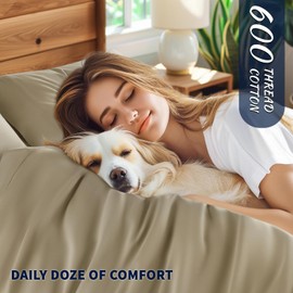 Shilucheng 100% Cotton Queen Size Sheets Set - 600 Thread Count，Luxury Egyptian Cotton Bed Sheets，5-Star Hotel Quality Sheets, Breathable & Cooling, 16 Inch Deep Pocket - 4 Piece (Linen, Queen)