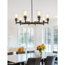 L LOHAS LED 8-Light Black Chandelier for Dining Room Light Fixture Over Table, 31.5-Inch Modern Chandelier with Glass Shades, Adjustable Hanging Light Fixture for Kitchen Island Foyer Hallway