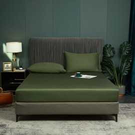 Luofanfei Fitted Sheet 90 x 200 cm Green Olive Green Box Spring Bed Terry Cloth Shiny Summer Cooling Bamboo Microfibre Bed Sheet 90 x 200 cm Plain Fitted Sheets for High Mattresses up to 25-30 cm