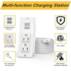 Recessed Outlet Desk Outlets with USB Ports Recessed Power Strip with 2-Socket 2-USB Charging Ports Desktop Power Grommet Charging Station with 6FT Extension Power Cord,Flat Plug