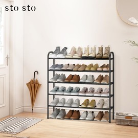 STO STO Expandable Shoe Rack, 5-Tier Metal Shoe Rack for Closet, Up to 24 Pairs Adjustable Shoe Rack Storage for Front Door Entrance, Free Standing Shoe Rack Organizer for Entryway, Black