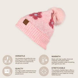 C.C Southwest Pattern Pom Beanie for Women Unisex - Stretchable Soft Warm with Faux Fur Pom Knit Winter Skully Hat (US, Alpha, One Size, Heather Rose)