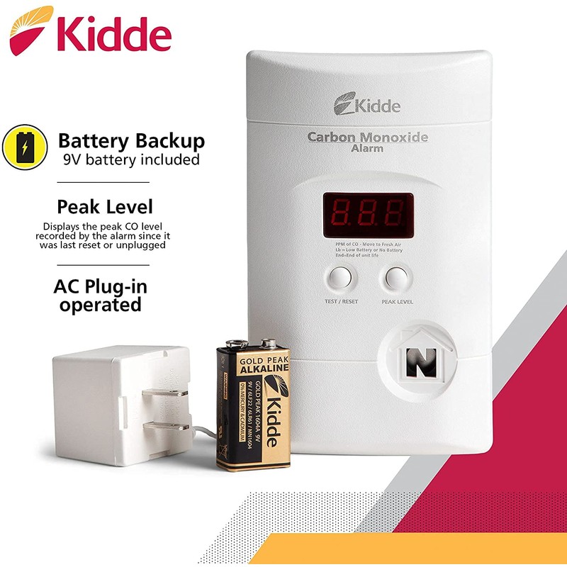 Kidde Carbon Monoxide Detector, Plug In Wall with 9-Volt Battery