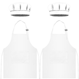 TOPWAYS Kids Apron and Chef Hat Set, kids Aprons for Cooking 2 Pack, Adjustable Toddle Kitchen Chef Apron, Kids Artist Painting Apron Bib with Two Pockets for Kids 3 4 5 6 years (2 x white set, L)