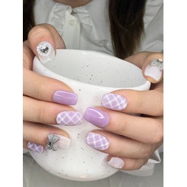 Purple check ribbon handmade nail tip - Short Oval Mini / 퍼플 체크 리본 수제네일팁 - 숏오발미니