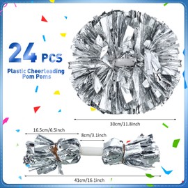 24 Pack Cheerleading Pom Poms with Baton Handle 15.7 Inch Metallic Cheering Squad Pompoms for Team Sports Football Dance Cheering Kids Adults (Silver)