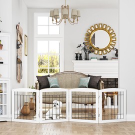 PAWLAND Dog Gate for The Doorways House Stairs Foldable Freestanding Indoor Pet Gate for Dogs Wooden Puppy Safety Fence 80" Wide 24" Height 4 Panels White