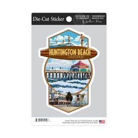 Die Cut Sticker Huntington Beach, California, Montage Scenes, Contour Vinyl Sticker 3 to 6 inches, (Waterproof Decal for Cars, Water Bottles, Laptops, Coolers), Large
