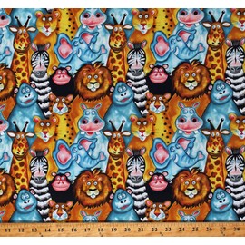 Cotton Jungle Buddies Safari Animals Giraffes Zebras Lions Monkeys Hippos Gorillas Kids Funny Cotton Fabric Print by The Yard (2524-35)