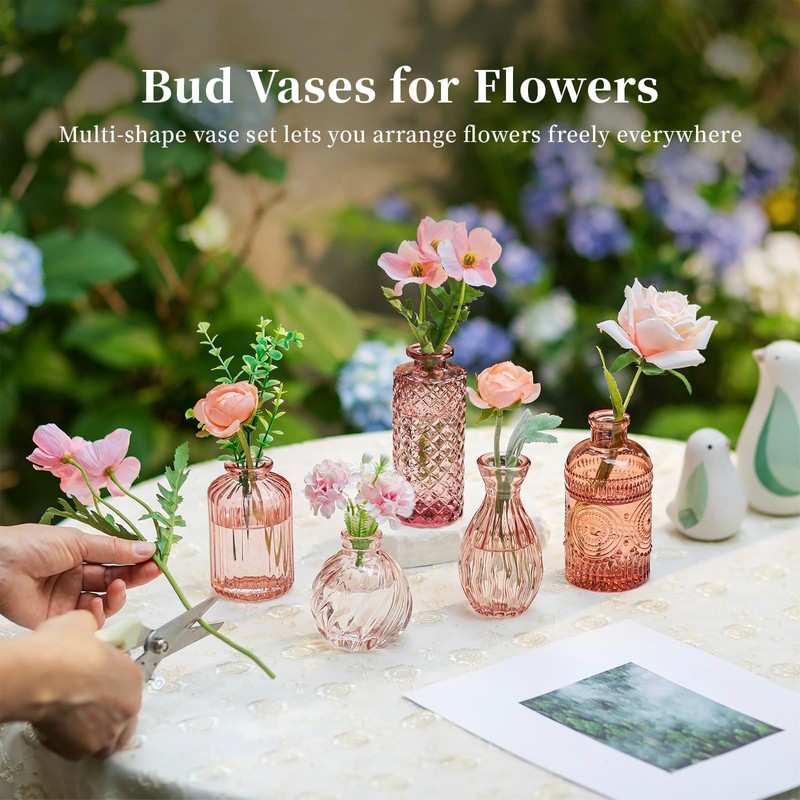 Glasseam Glass Bud Vases for Centerpieces, 10Pcs Pink Small Flower