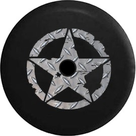 JL Spare Tire Cover Oscar Mike WW2 Military Vintage Star Diamond Plate Steel Spare Tire Cover with Backup Camera Hole BUC (Fits: JL Accessories 2018+) Size 33 Inch