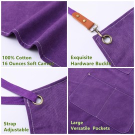DEVECHO Chef Apron Medium-Thick Cotton Canvas,Cross Back with Multiple Pockets Adjustable Work Apron for Men and Women (Purple)