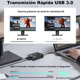 Capturadora de Video HDMI, 4K Tarjeta de Captura de Video, HDMI a USB 3.0 Convertidor Video, Capturadora de Video con Entrada de Micrófono de 3.5 mm y Salida de Audio para Windows/Linux/OBS Grabación